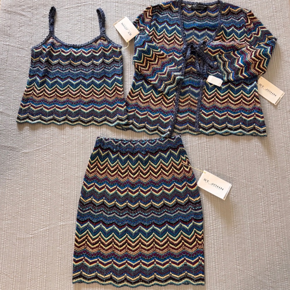NWT Rare St John Couture 3pc Knit Skirt Suit Set Kaleidoscope Chevron Sequin US2
